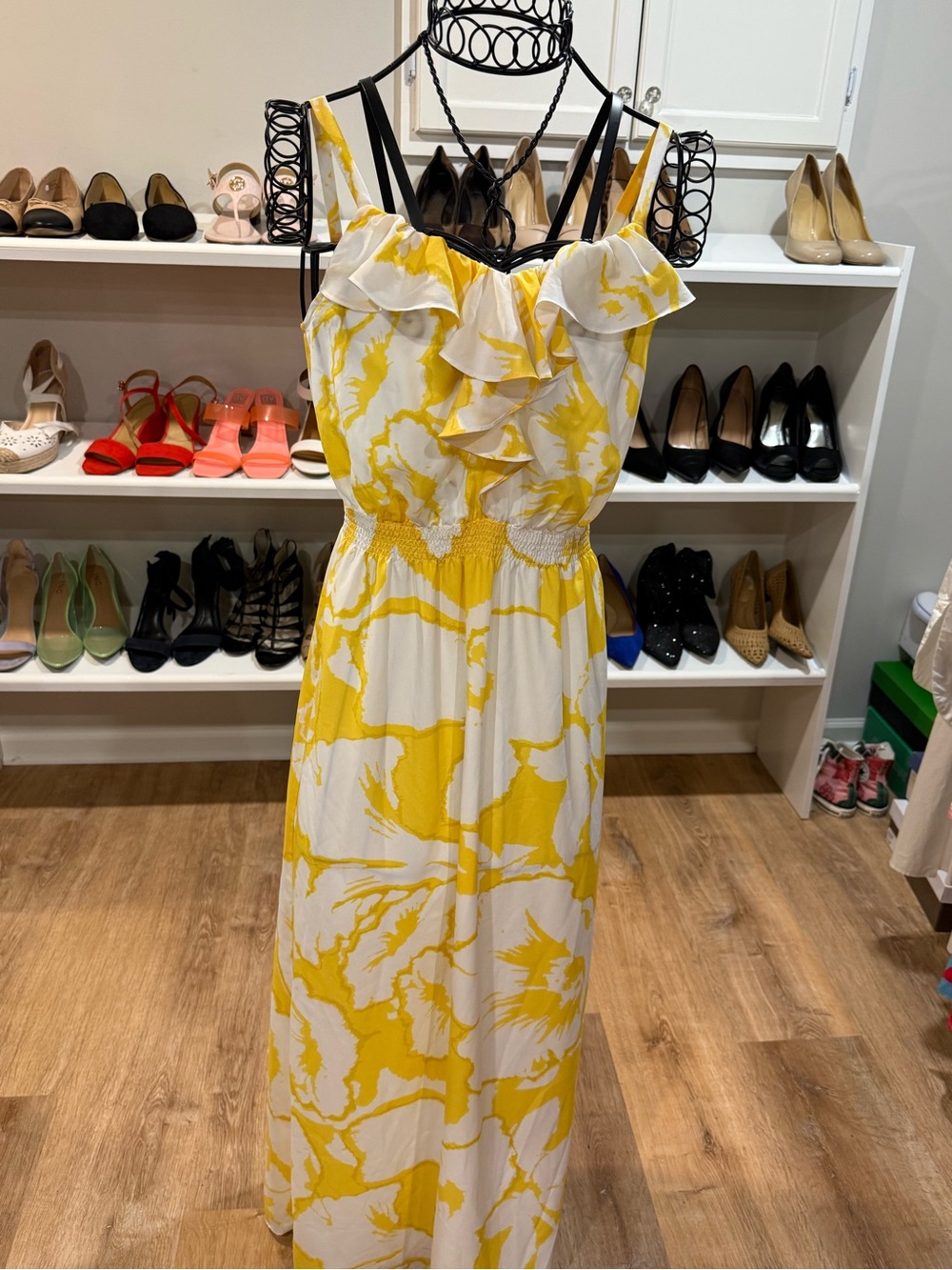 LOFT Yellow and White Ruffle-Front Maxi Dress